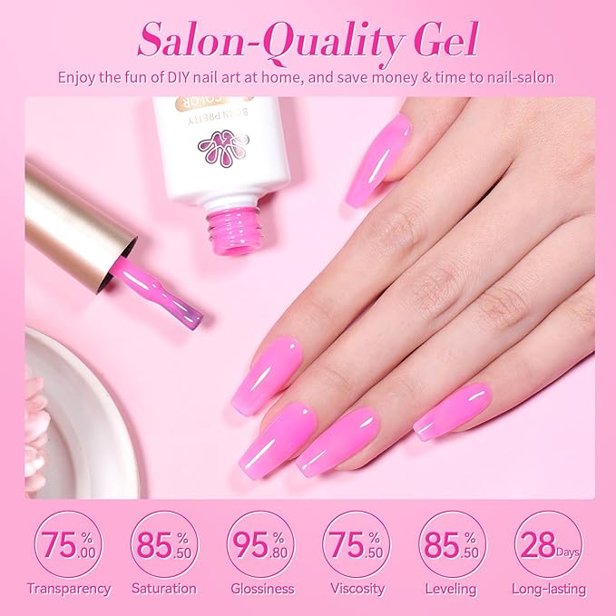 Born Pretty Jelly Pink Gel Nail Polish Milky Translucent Hot Pink Gel Polish Spring Summer Valentine's Day Gift Sheer Gel Polish Kit for Salon Manicure and Nail Art DIY at Home