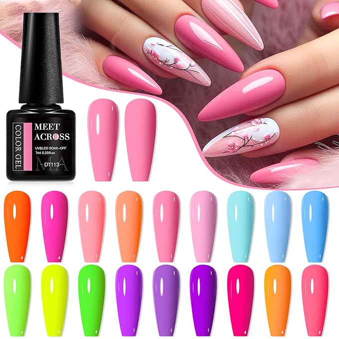 MEET ACROSS 18Pcs Gel Polish Kit Pink Purple Sky Blue Green Orange Bright Color Rainbow Gel Nail Polish Set All Season Manicure Gift for Women