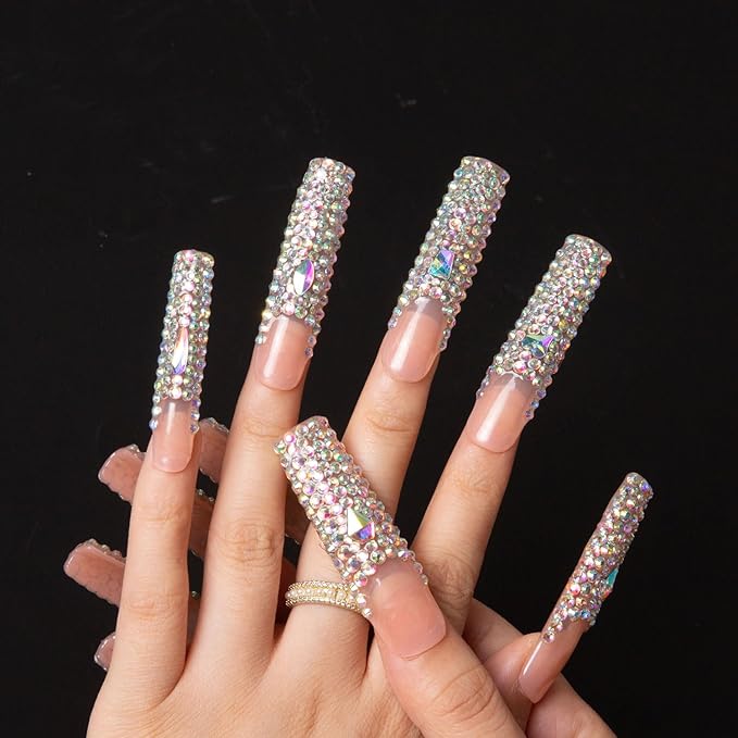 LOVFUL Press on Nails Angel's Tear | Handmade with Full Covered Crystals | Reusable Fake Nails | Square Long 2.2 in | H48-L
