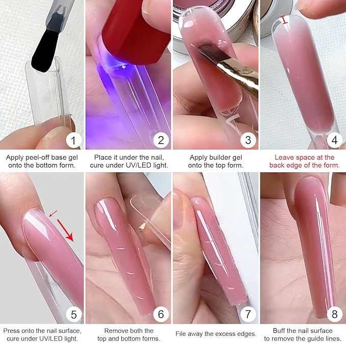 Sandwich Dual Nail Forms, 15 Sizes Long Coffin Top and Bottom Dual Forms for Builder Gel, Reusable Acrylic Nail Extension Molds with Guide Lines, Professional Manicure Supplies (Coffin)