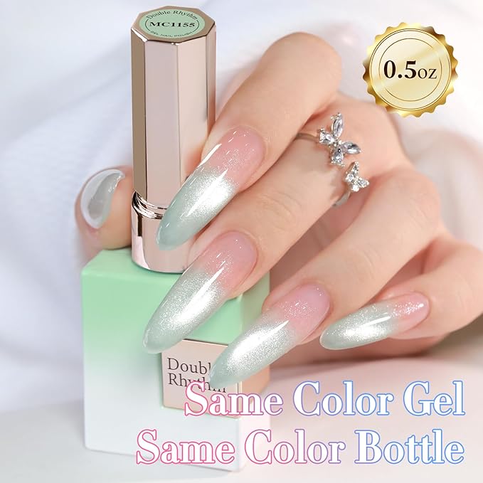 Double Rhythm 0.5 Oz Cat Eye Gel Polish with Magnet Same Color Same Bottle Holographic Glitter Shimmer Translucent Color Salon 15 ML Magnetic Nail Art (Light Green-MC1155)
