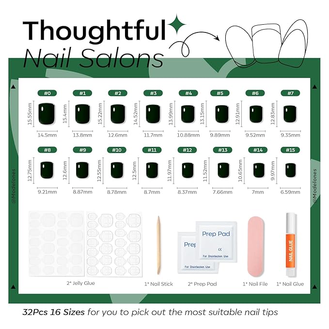Modelones Extra Short Press on Nails, Dark Green Squoval Fake Nails, Reusable Nail Kit with Nail Glue Adhesive Tabs Mini Nail File, Nails Press Ons 32Pcs 16 Sizes, Women Girl Gift