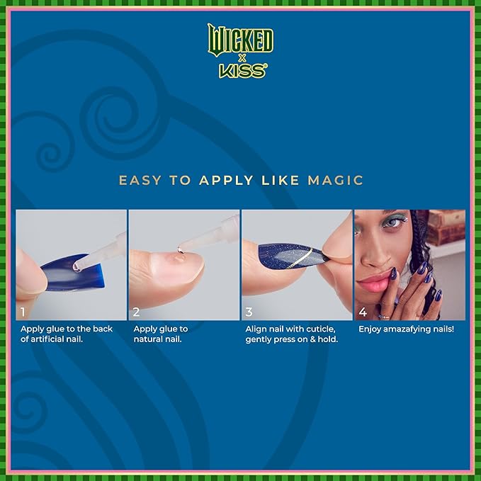 WICKED X KISS Press On Nails, ‘Shiz Campus’, Blue, Medium Coffin, Waterproof, Chip Proof, Smudge Proof, 28 Fake Nails, Pink Gel Nail Glue (2g), Mini Nail File, & Manicure Stick