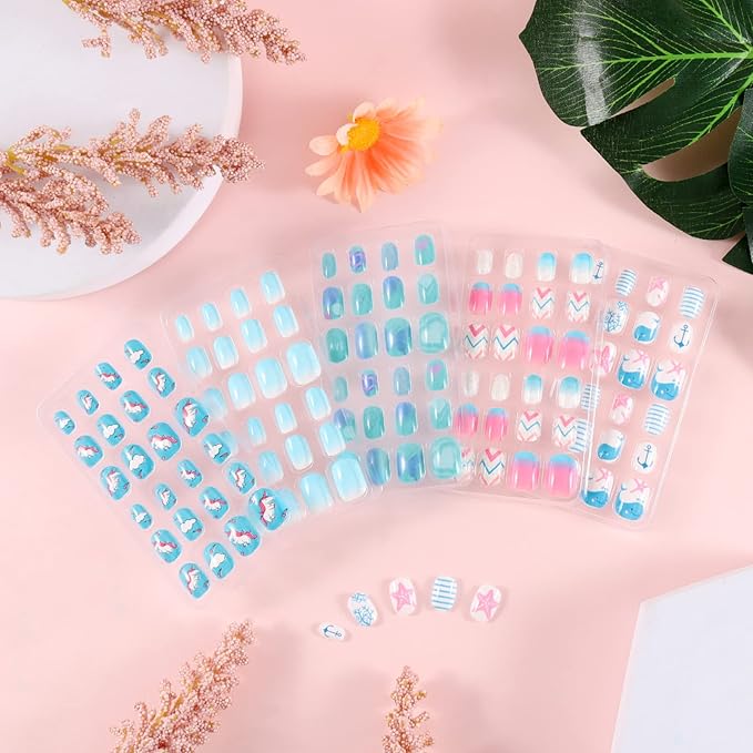SIUSIO 120 Pcs 5 Pack Children Acrylic Fake Nails Press on Cute Pre-glue Full Cover Glitter Gradient Color Rainbow Short Kids Stick On False Nail Art Kits Set for Kids Little Girls - Azure Ocean Party