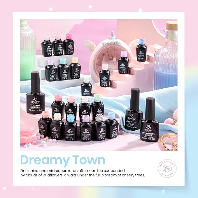 beetles Pastel Gel Nail Polish Set - 20 Colors Spring Gel Nail Kit Dreamy Town Collection Macaroon Pink Yellow Green Blue Glitter Manicure Kit with 3Pcs Base Top Coat Uv LED Easter Gift for Women
