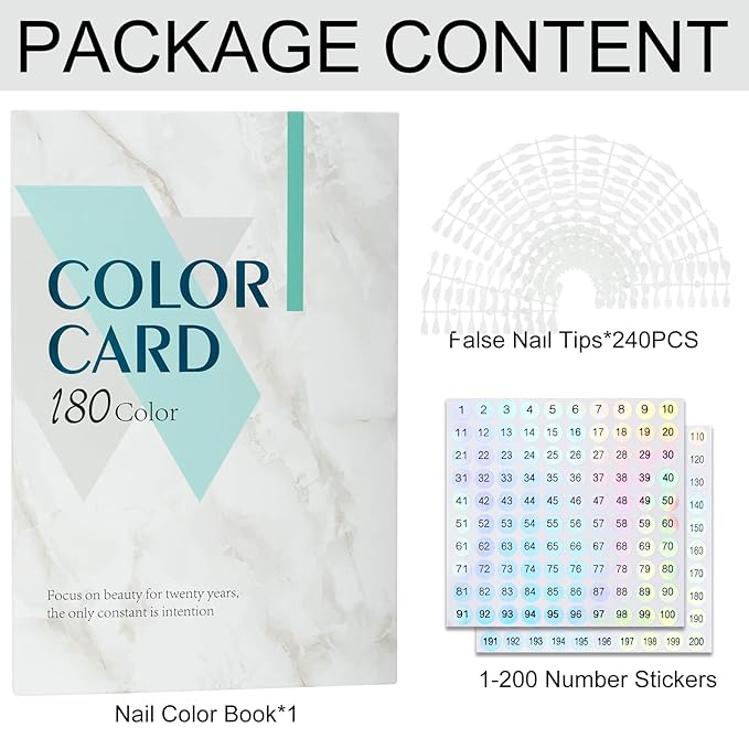 180 Nail Colors Book,Nail Color Display Book with 240 Nail Tips & 1-200 Number Labels,Professional Nail Color Swatches Book for Nail Polish UV Gel,Nails Art Design(Grey)