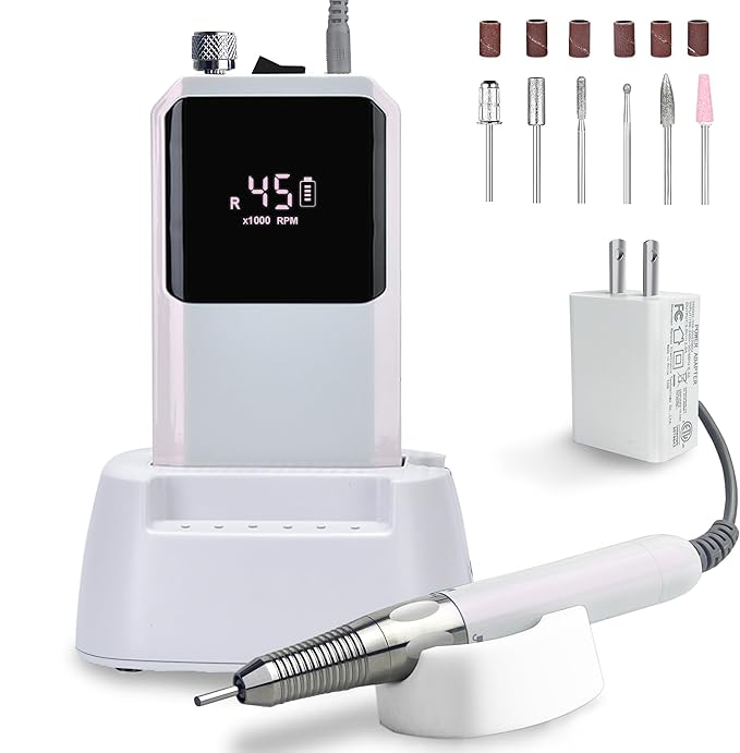 Professional Nail Drill Machine - Cordless Brushless Motor Nail File, 45000 RPM 2*3500mAh Portable Efile for Acrylic Gel Nails with 6 Bits & ETL USB Charger for Salon & Home(Brushless)