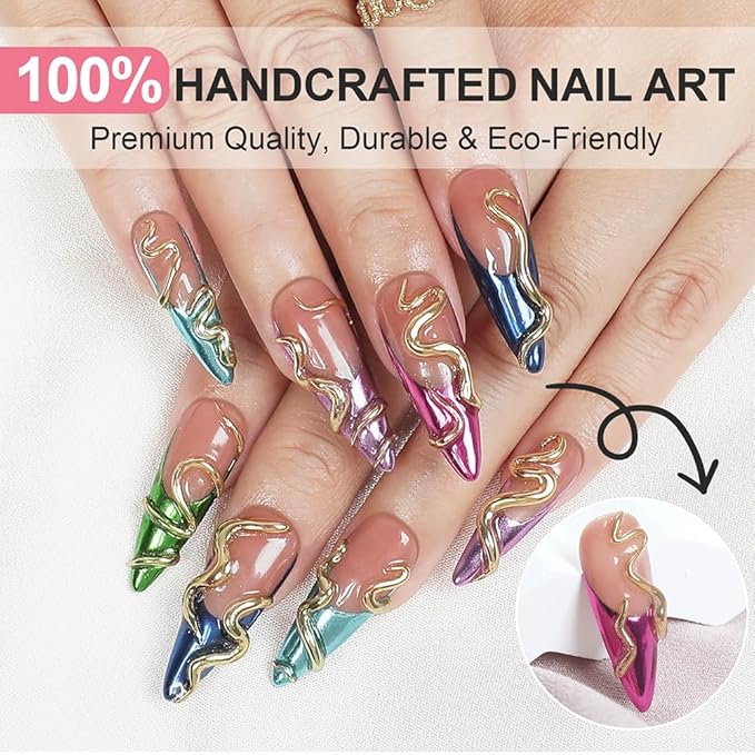 Handmade Press on Nails Long Stiletto Fake Nails French Tip Leopard print with 3D Flower Gold Designs Glossy Cute Acrylic Nails for Women 10pcs (Size M）