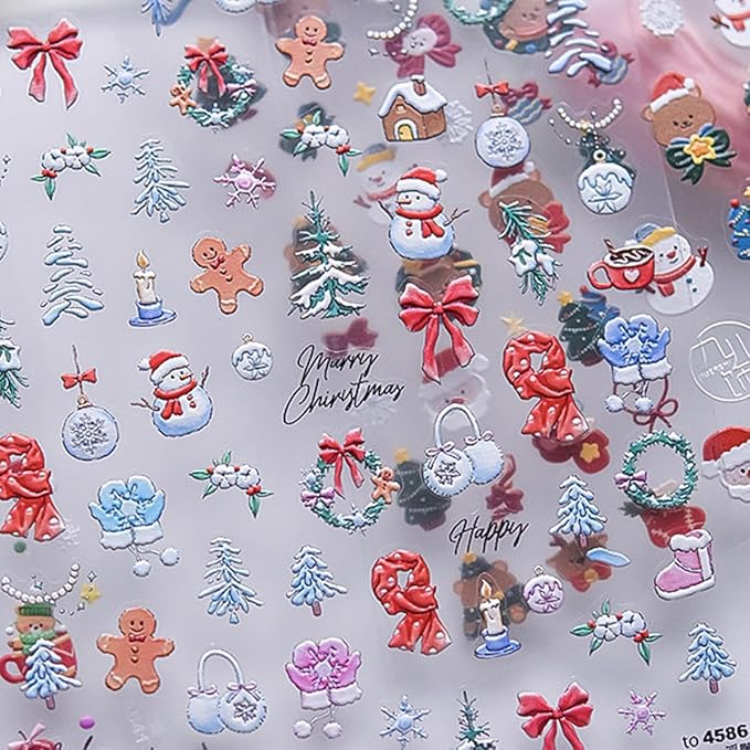 Christmas Nail Stickers Snowman Nail Art Stickers Xmas Tree Bear Nail Decals for Nails Art with Gingerbread Man Design Winter Nails Decals for Women Girls Kid Manicure Decoration Accessories