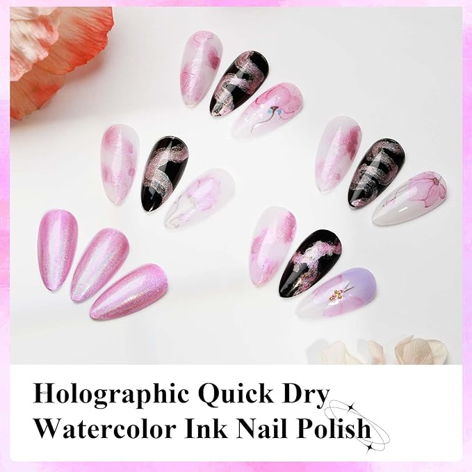 2 In 1 Marble Nail Polish and Holographicge Nail Polish Marble Watercolor Ink Nails Painting Blooming Gel Polish Nails Art Design 001