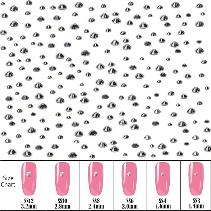 NCB Hotfix Iron on 8000pcs Crystal Rhinestones Round Gem for Crafts Decoration DIY Jewelry Making with a Picking Pen (Hematite Black, 6Sizes SS3-SS12)
