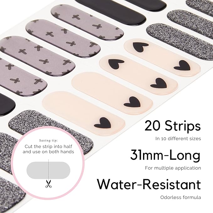NAILOG Semi Cured Nail Strips for Halloween, 20 Extra Long Gel Nail Strips │ Glossy & Long Lasting Nail Polish Stickers, Nail Wraps with Soft Gel Finishing │Black Little Heart