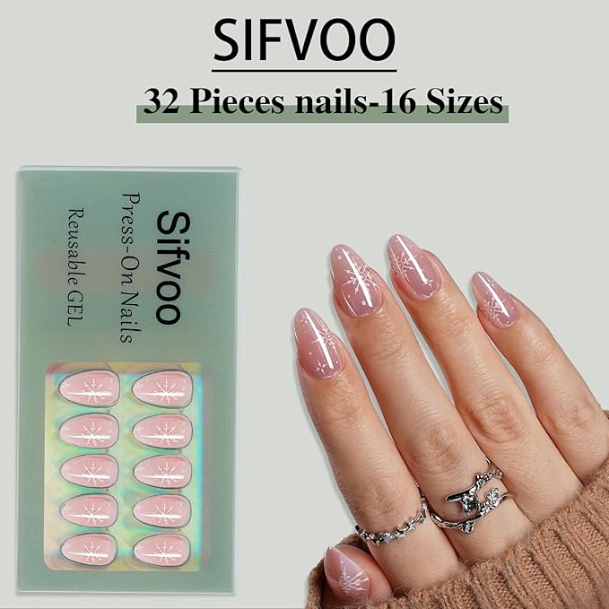 Pink Press On Nails Short Almond with Chrome Accent Design, Glossy Reusable Press On Nails for Women, 32 Count 16 Sizes Nail Kit with Glue (SV-15)