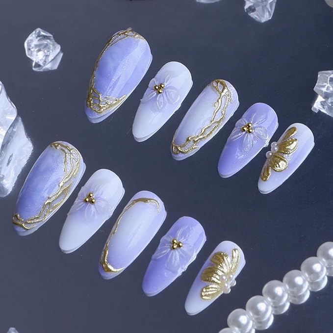 Almond Press on Nails Long Fake Nails Seeneey Purple Artificial Nail White Gold Charm Flowers Stick on Nail for Women 24pcs