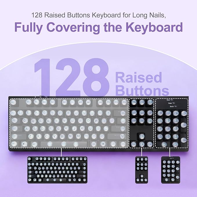 128 Raised Keyboard Stickers for Long Nails, Bling Keyboard Bubbles for Women with Letters, Soft Silicone Nail Art Typing Keycaps for Desktops (Clear, 128pcs)