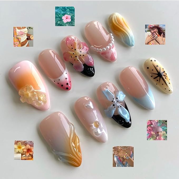 Luxury Press on Nails Medium Almond Handmade 3D Unique Reusable ABS Material Fake Nails French Tip False Nails with Designs Pearls Flower Water Ripple Glossy Glue on Nail Thick Acrylic Nail(M)