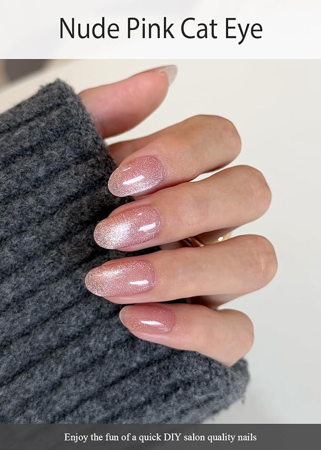 Semi Cured Gel Nail Strips (Nude Pink Cat Eye), Light-Chasing, 20 Pcs Gel Nail Wraps, Stickers, Works with Any UV Lamps