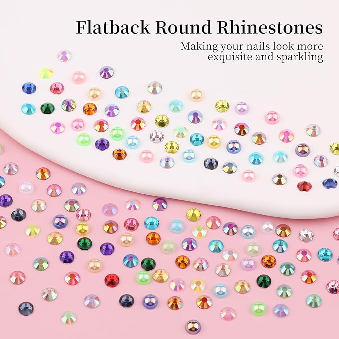 5 Boxes 3000pcs Sparkling Crystal Nail Rhinestones Pearls Kit, Flatback Multicolor Transparent Jelly AB Mermaid Gems with Pick Up Pen and Curved Tweezers for Manicure Salon & Craft DIY Designs (4mm)