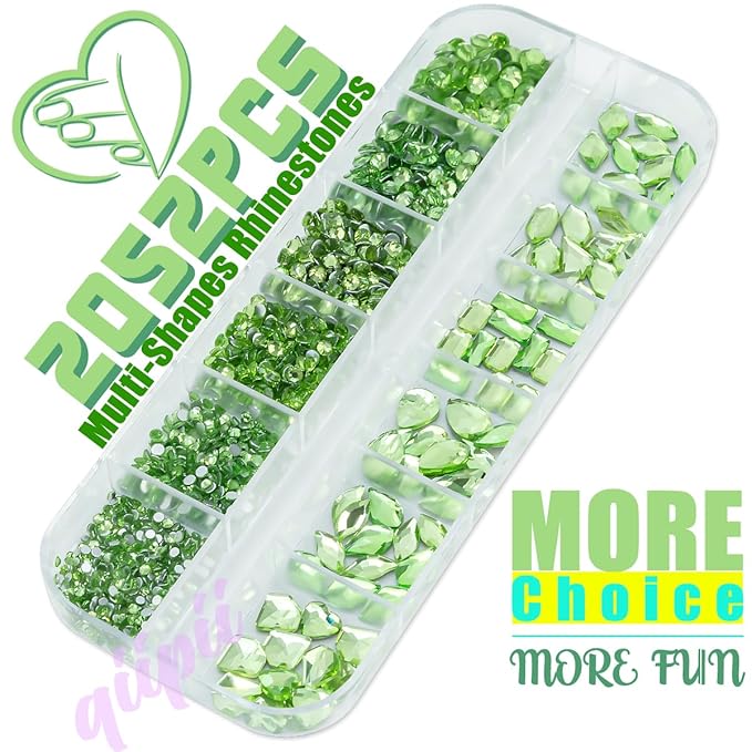 2052Pcs Light Green Nail Rhinestones Grass Green Nail Charms Multi Shapes Crystal Flatback Rhinestones Gems Round Beads Glass Stones Diamonds Jewels Art for Nails Faces Eyes Makeup DIY Crafts