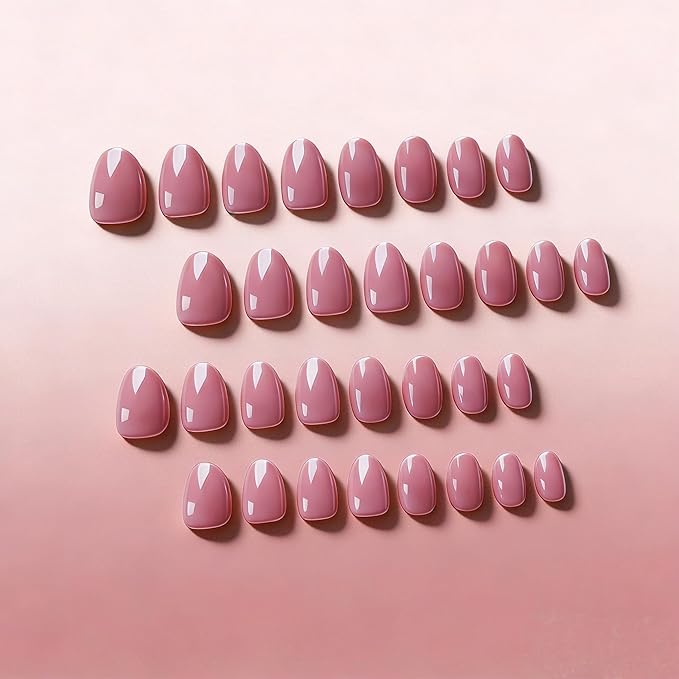 KQueenest Press On Nails Short - Mauve Pink Press On Nails Oval, 32 Pcs 16 Sizes Natural Short Fake Nails Press ons Almond, Reusable Opaque Glossy Gel Glue on Nail with Glue for Everyday Office Wear