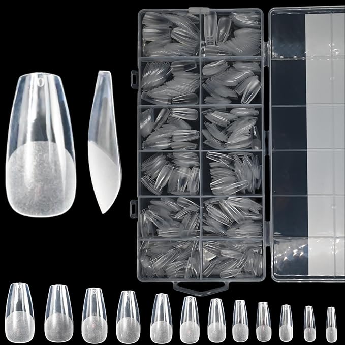 Short Coffin Gel Nail Tips, 600PCS Pre - Etched Clear Fake Nails, 12 Sizes Full Cover Soft Acrylic Press - On Nail Extensions, No C Curve, DIY Manicure at Home