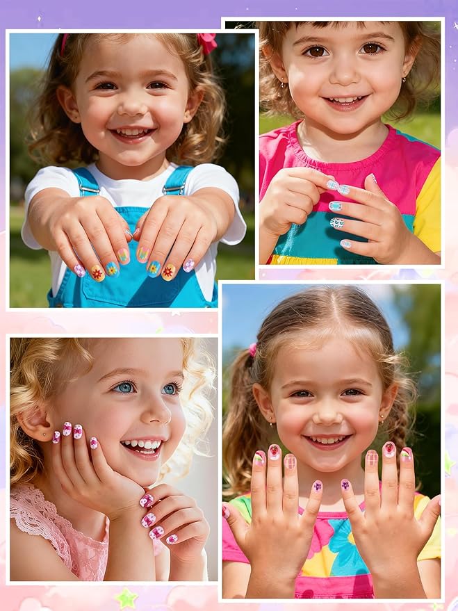 EBANKU 168Pcs 7 Pack Press on Nails for Kids Children Fake Nails Stick on Nails Full Cover Gradient Color Short Acrylic Nail Tip with Nail Glue for Christmas Party