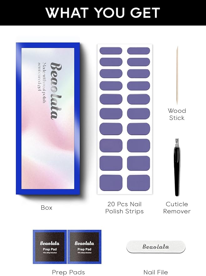 Semi Cured Gel Nail Strips - UV Light Gel Nail Stickers - 20 Long Lasting Salon Quality Wraps (Serene Blue)