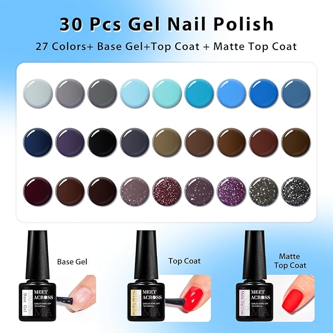 MEET ACROSS 30pcs Gel Nail Polish Set,Soak Off UV LED Lamp Gel Nail Polish Kit,Fashion Shimmer Nail Art Design Gifts for Women Manicure Salon (Cool Color Series)