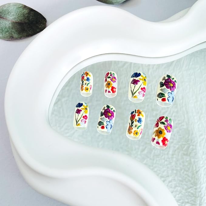 Medium Square Press on Nails Colorful Flower Fake Nails with Designs Spring Summer Acrylic Nails Art Kit Glue on Nails Reusable Artificial Nails Glossy Full Cover Stick on Nails for Women