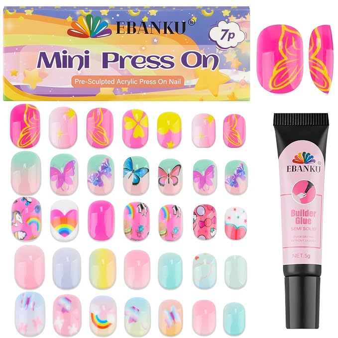 168Pcs Press On Nails Kids, EBANKU Butterfly False Nails for Girl, Almond Glue On Nails with Nail Glue, Fit Perfectly & Natural Stick On Nails in 12 Sizes