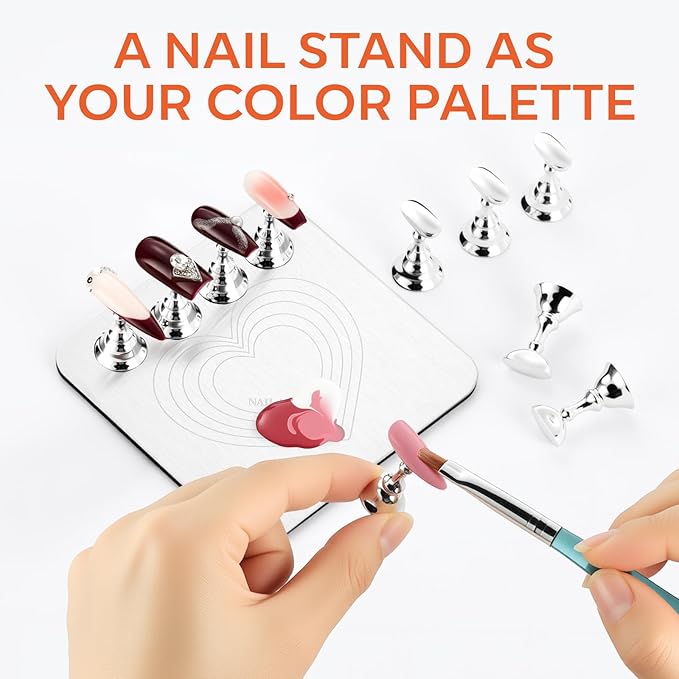 Makartt Nail Stand for Press On Nails DIY: Non-Slip Strong Magnetic Metal Base 10 Holders 200 Sticky Tapes, Professional for Nail Art Painting, Display and Practice, Gifts for Beginners Salon Artists