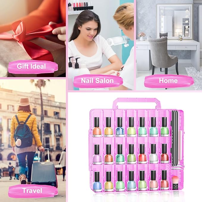 JIASHENG Nail Polish Organizer Case for 48 Bottles, Gel Nail Polish Storage Holder Double Side Adjustable Space Divider for Acrylic Nail Gel Dip Powder Tips Set with Two Toe Separator, Pink