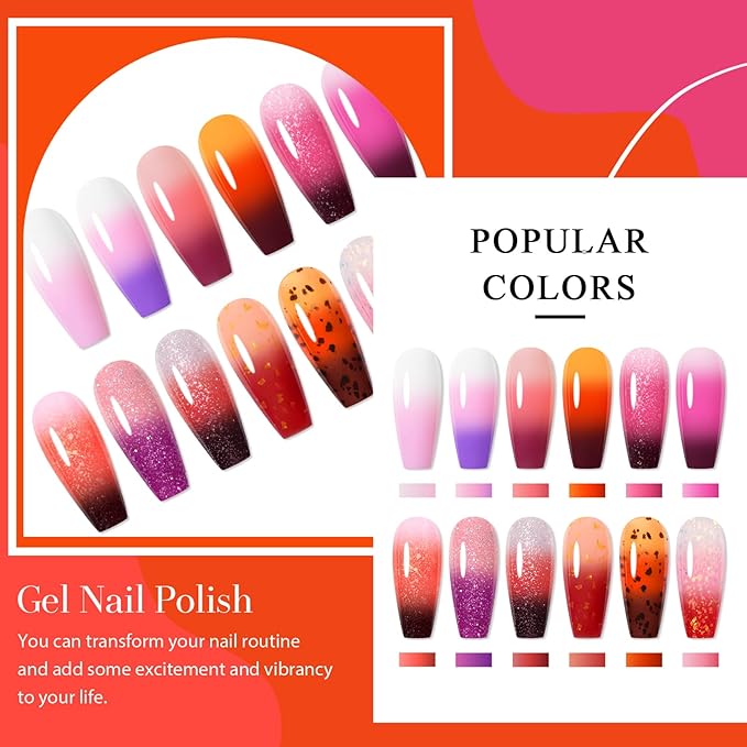 MEET ACROSS Color Changing Gel Nail Polish Set, 12 Temperature Mood Changing Colors Pink Orange Purple, Soak Off UV Light Cure Gel Polish for Salon and Nail Art DIY at Home