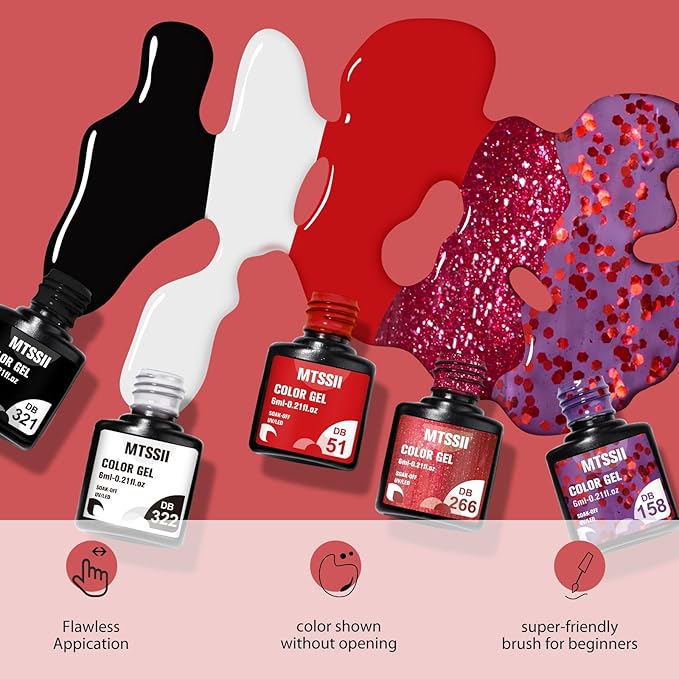 MTSSII White Red Gel Nail Polish Set, 8 Colors Black Bloody Red Shimmer Red Silver Soak Off Gel Polish Kit for Salon and Nail Art DIY at Home