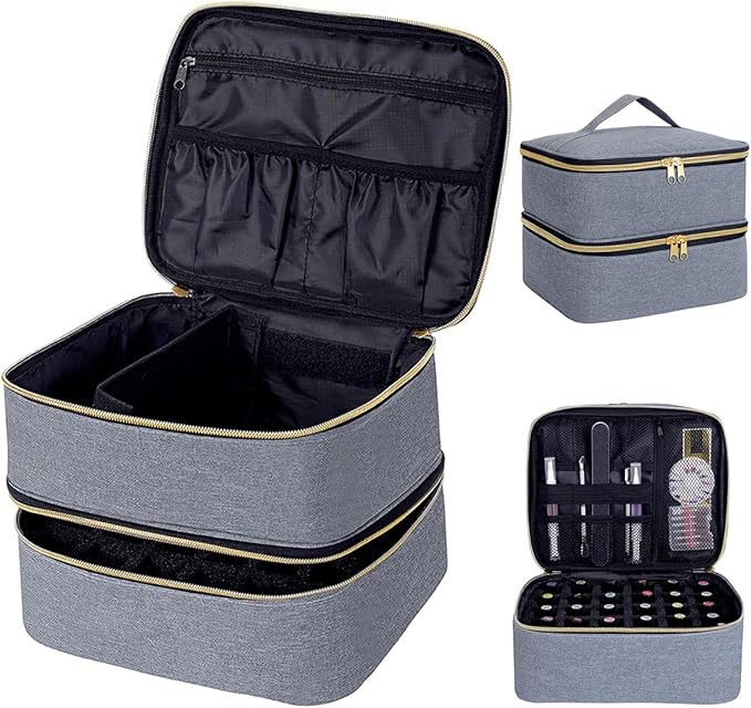 Nail Polish Organizer, Handheld Double Layer Organizer Holds 30 Bottles (15 ml/0.5 floz) with Adjustable Dividers for Nail Polish Small Manicure Lamp Manicure Tools Essential and Travel,Gray Gold