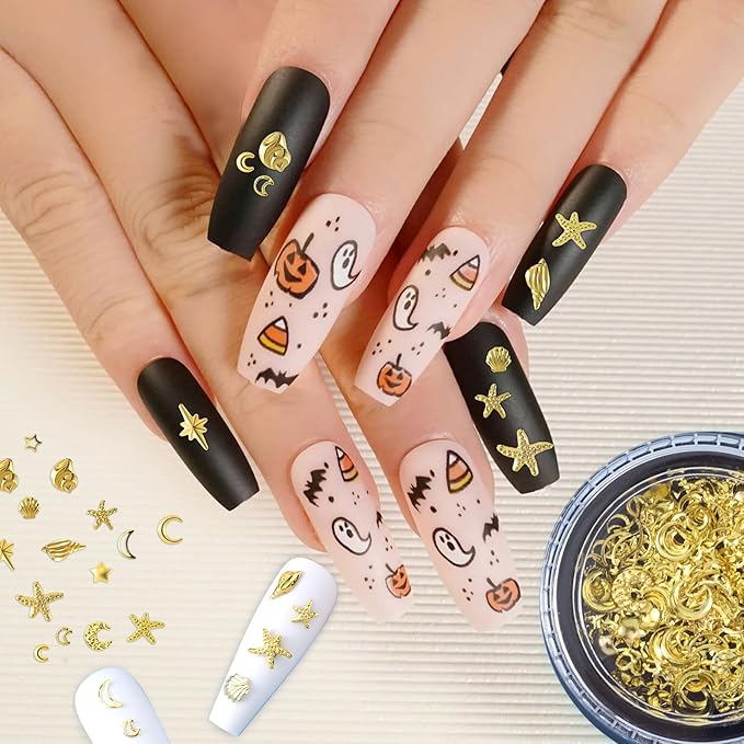2 Disc Ocean Nail Art Charms, 3D Metal Star Nails Stickers, Beach Starfish Seashell Decals Manicure DIY Embellishments for Women- Gold