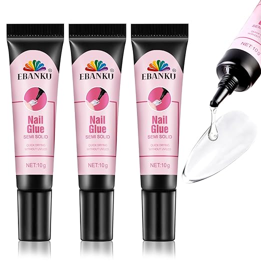 3PCS Quick Drying Solid Nail Glue for Press ons, EBANKU 30g Super Strong Glue Semi Solid Nail Gel Long Lasting Gel (No UV Lamp Needed)