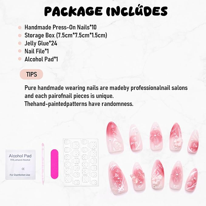 Pink Gradient Press on Nails Handmade Press on Nails Medium Almond Fake Nails Muti-Layer Gel Acrylic Nails with Flower Pearl Bow Embossed Design Thick False Nail Glue on Nail for Women (Size M)