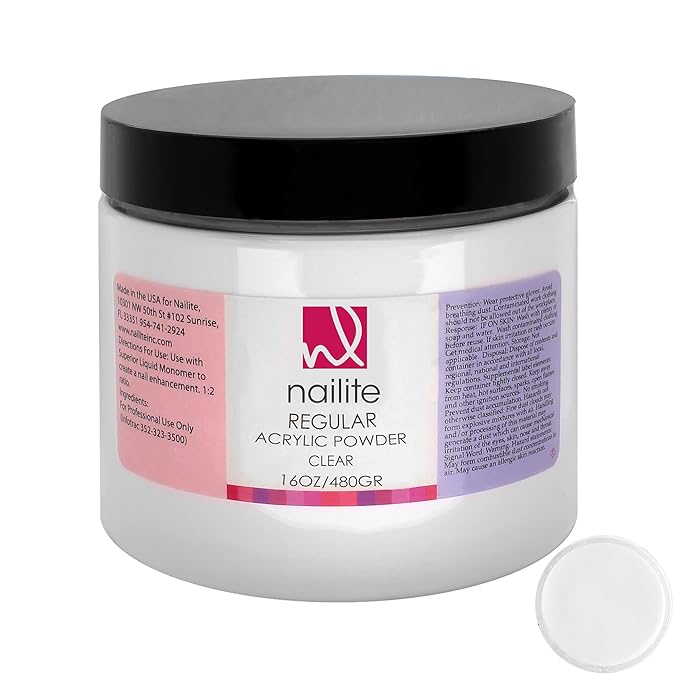 Regular – Professional Acrylic Powder for Nail Extension, Slow Setting System, EMA Formula and Non-Yellowing Effect – Clear (16 Oz.)