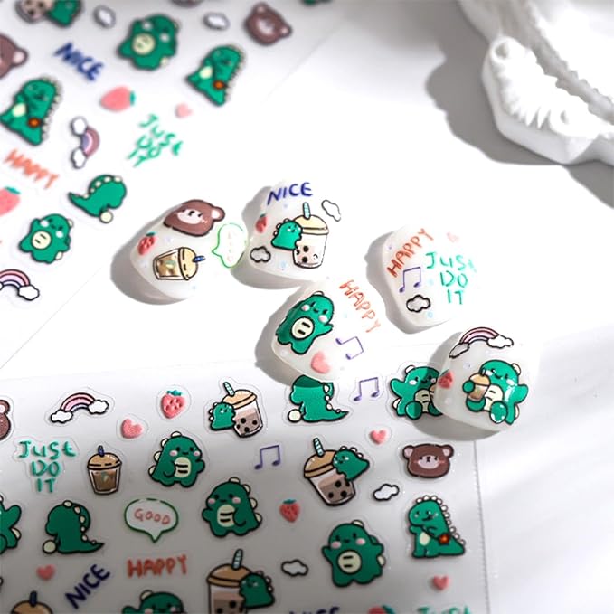 Dedyel 5D Embossed Cute Dinosaur Nail Art Stickers Cartoon Kawaii Design Anime Self Adhesive Nail Stickers for Women Kids Girls Nails Art Decorations