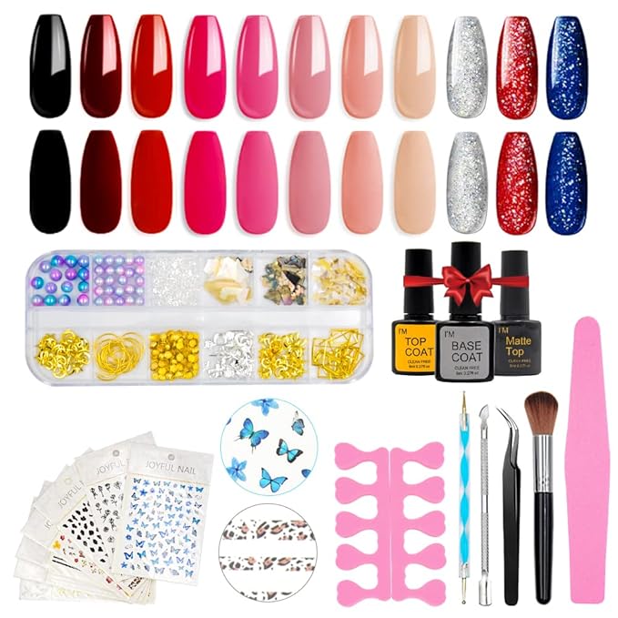 Gel Nail Polish Kit with Nail Art Decorations, Nail Polish Set include 11 Colors with Glossy & Matte Top Coat, Base Coat, Nail Stickers, Rhinestones decorations and Manicure Tools for Women