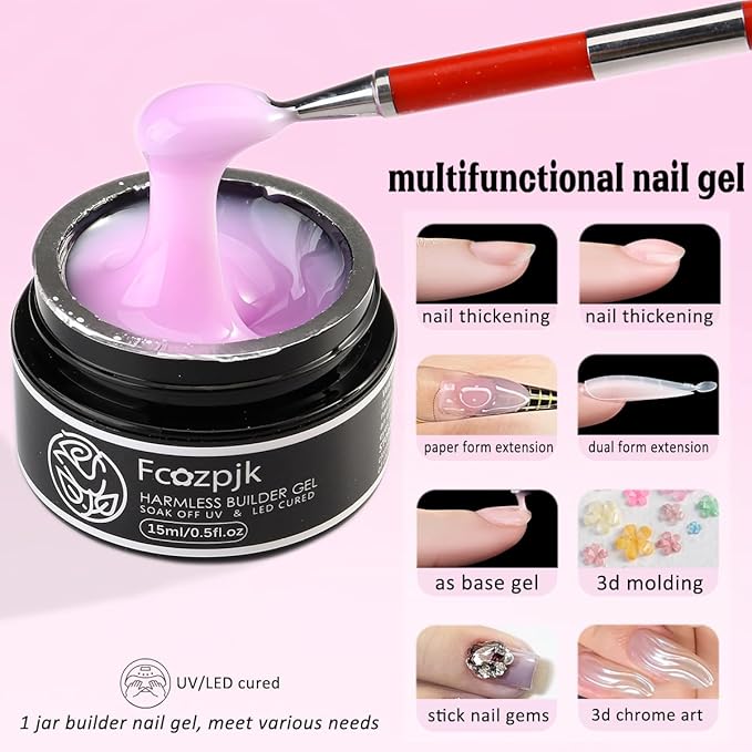 Builder Gel for Nails, 4 Colors Thickening Builder Nail Gel Clear Milky White Baby Blue Camouflage Apex Building Nail Strengthener Gels Kit with Brush Pen Dual Forms UV Cure Extension Manicure
