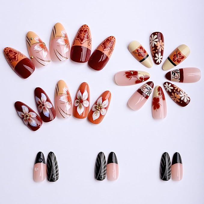 Medium Press on Nails Almond MABKJLF Fake Nails French Tip False Nails with Hibiscus Flower Beads Designs Colorful Glossy Glue on Nail Acrylic Nails for Women Girls 24Pcs