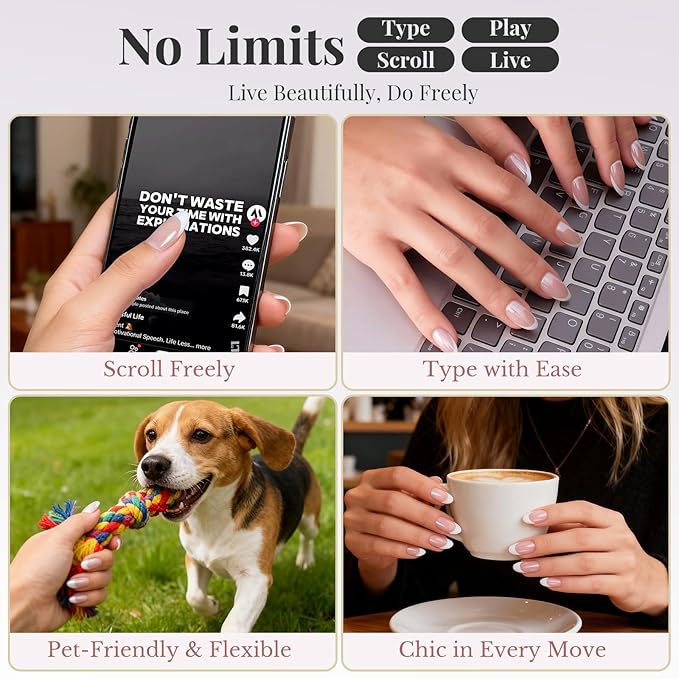 French Tip Press On Nails Acrylic - Short Almond Fake Nails Press ons, Reusable Glossy 30 Nail Kit with Glue, Adhesive Tabs, File, Manicure Stick, Prep Pad for Salon Quality or Fall Style