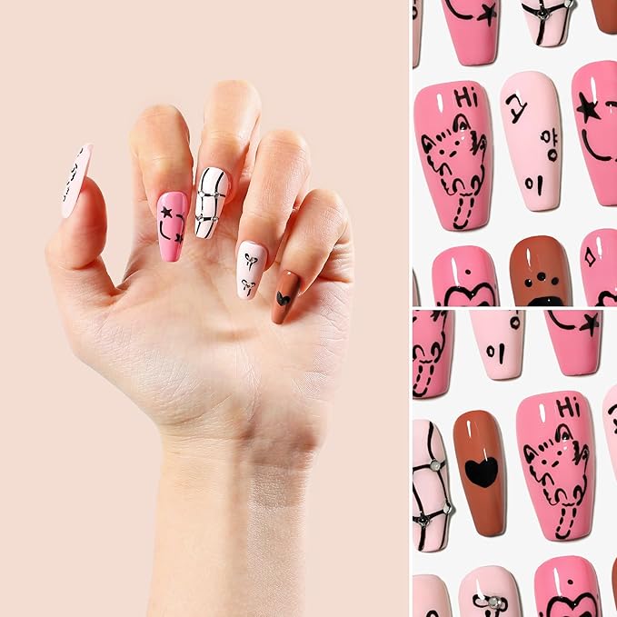 Sun&Beam Nails Handmade Press-on Long Coffin Nails Brown White Black Pink False Nail Tips Hand-drawn Cat Design Fashionable 10 Pcs Set (#158 XS)