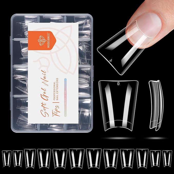 modelones Duck Nail Tips, Short Flare Pre-Shape Half Cover Soft Gel Tips Wide Style Acrylic Fake Nails False Clear Press on Extension Gel Kit Manicure DIY at Home 216PCS 12Sizes