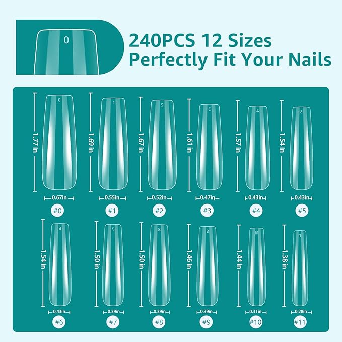 Clear Square Straight Nail Tips, 240PCS XXL Extra Long C Curve Nails Tips, Full Cover Gel Acrylic Tips, Clear Fake Artificial Nails for Nails Extension Coffin Nails Tips