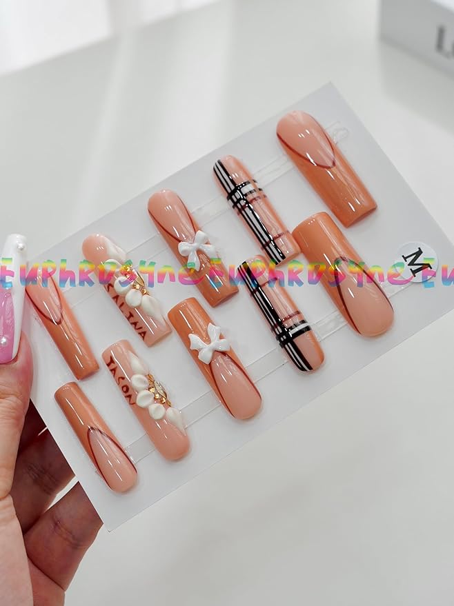 10PCS Orange Pink Press On Nails – Long Coffin Fake Nails with 3D Bows, Pearl Flowers & Geometric Line Art Design, Glossy Reusable Nails for Women and Girls – Euphrosyne