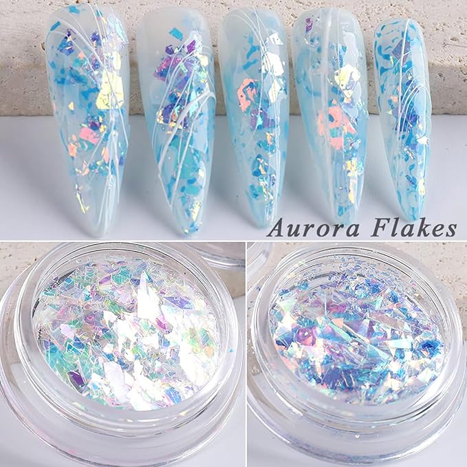 Holographic Mermaid Nail Sequins,6 Jars Chunky Glitter Colorful Fluorescent Glass Paper Iridescent Flakes Sticker for Makeup Decoration Women Party DIY Accessories Sequins Glitters Set