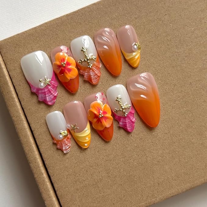 Press On Nails - Luxury Medium Almond 3D False Nails Women Reusable ABS Material Finger Printed Nail Tip French Salon Design Artificial Fingernail (Size M)